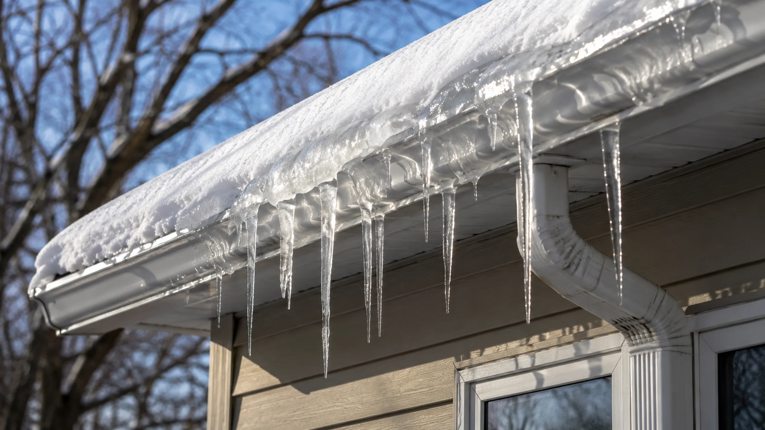 Ice dam and icicles on a roof eave in St. Paul winter